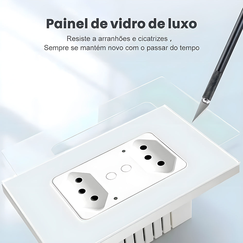 Tomada Dupla Inteligente, 13A, Painel de Vidro Temperado, Compatível Com Alexa e Google Home, Tuya, Branco