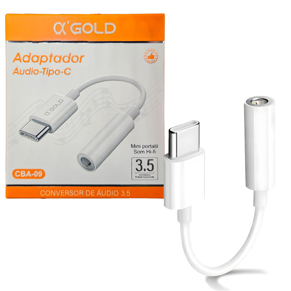 Adaptador Tipo-C para P2 A'Gold CBA-09, Conector USB-C Macho para P2 Fêmea, Adaptador Fone de ouvido - Branco