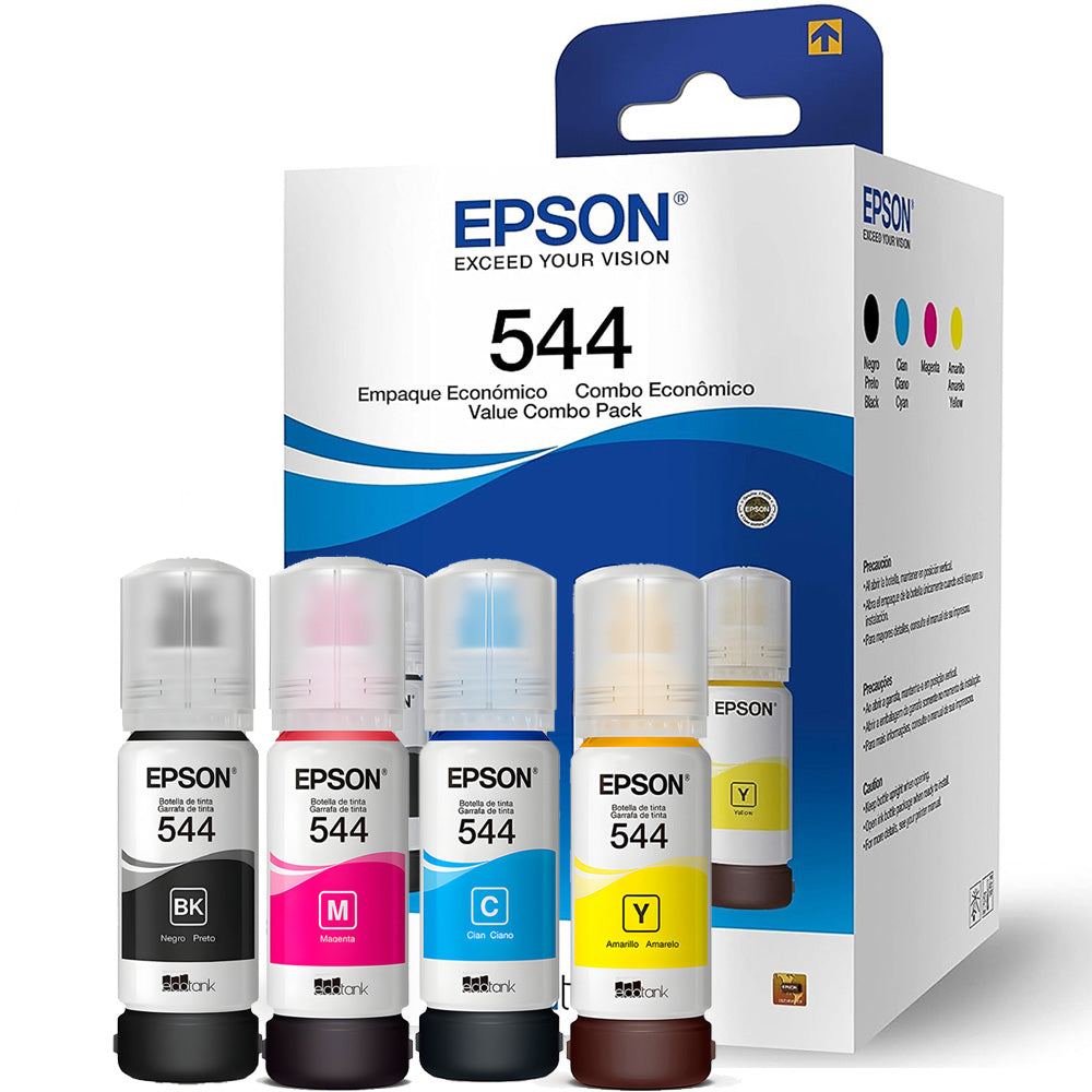 Kit Refil de Tinta 4 Cores Epson 544 - Preto, Amarelo, Ciano e Magenta, Para L1110/L1210/L3110/L3150 (Caixa Com 4 Cores)
