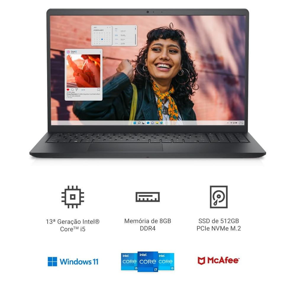 Notebook Dell Inspiron 15 I15-I1300-A30P 15.6" FHD 120Hz Intel Core i5-1334U, RAM 8GB DDR4, 512GB NVMe, Win11, Preto