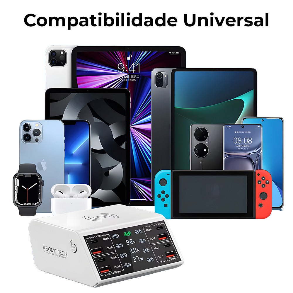 Estação de Carregamento 100W Com 4 Entradas USB e 4 Entradas USB-C - Suporte a Carga Sem Fio Asometech - Branco