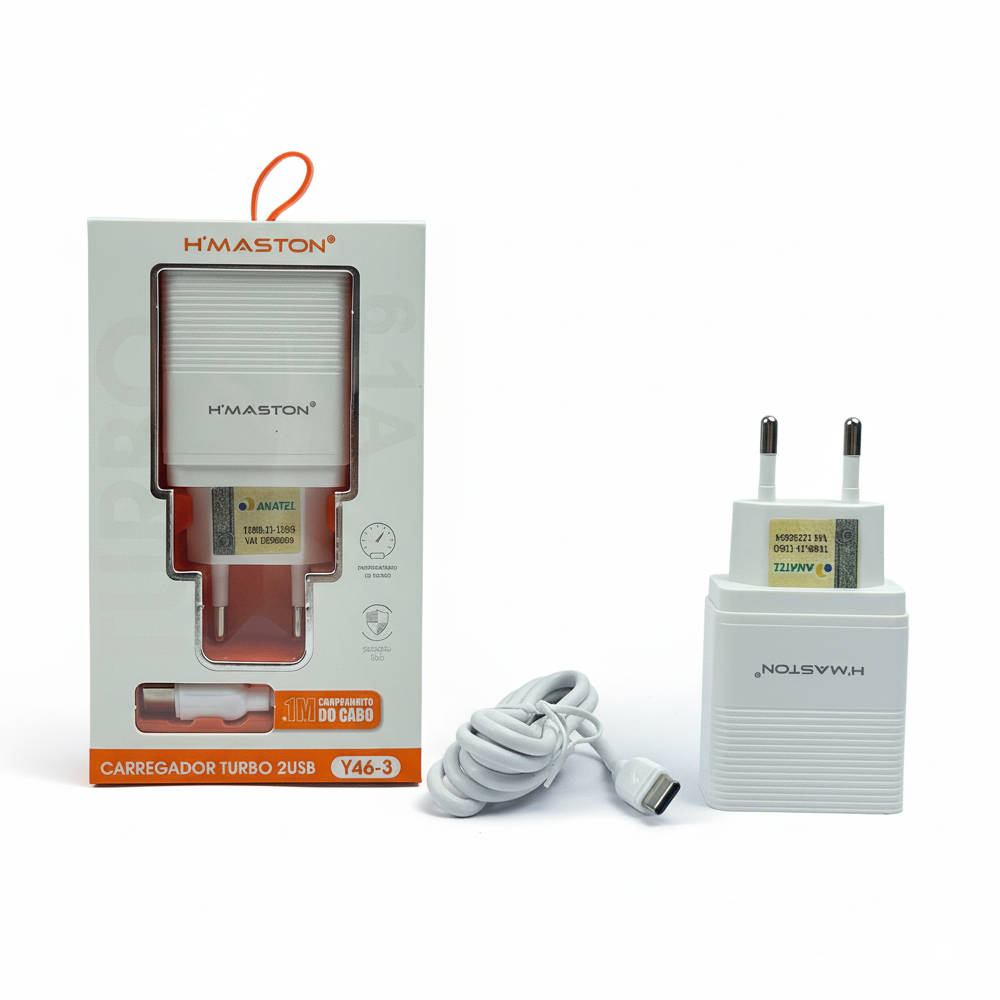 Carregador Turbo H'Maston Y46-3, com 2 Portas USB, Saída 6.1A, 5V, Bivolt 100-240V, com Cabo Tipo-C, Branco
