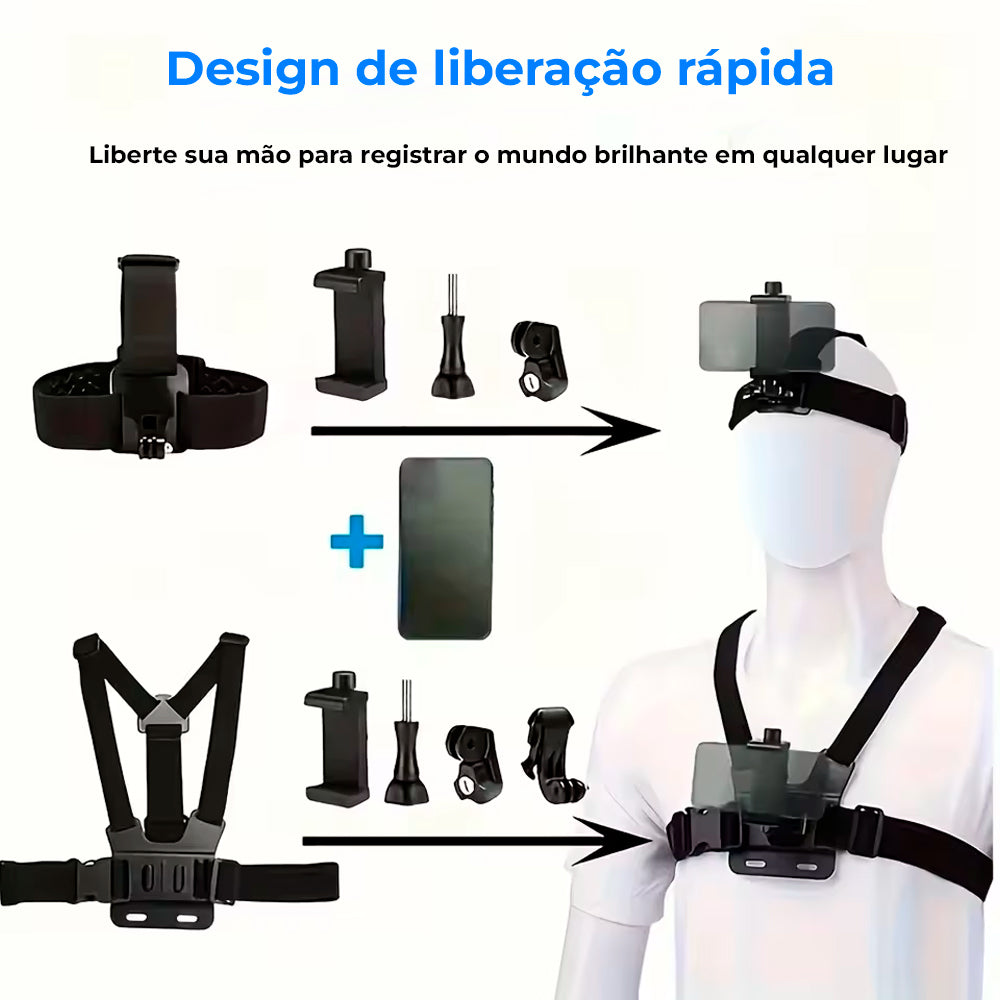 Kit Suporte Para Celular e Câmeras GoPro, 6 Peças, Suporte de Peito e Cabeça, Ajustável, Estabilidade Reforçada, Preto