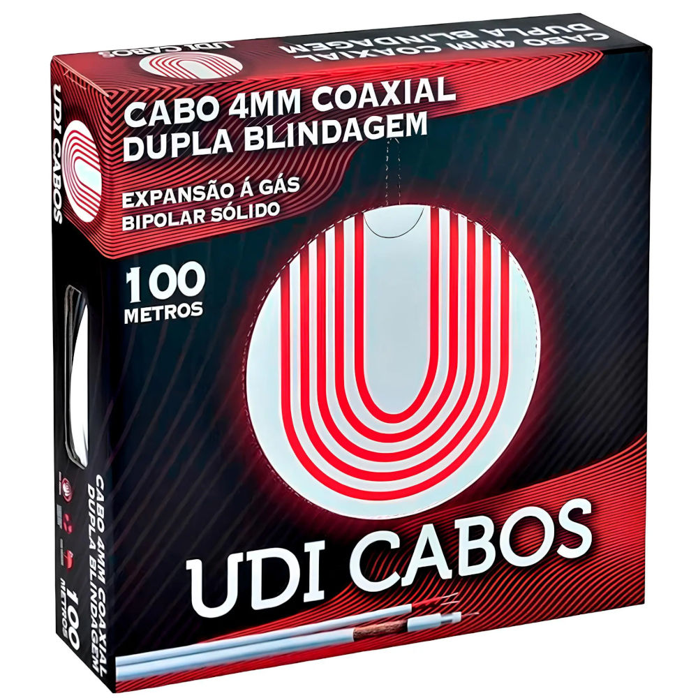Caixa com 100 Metros de Cabo Coaxial Bipolar 4mm com Dupla Blindagem, UDI Cabos, Para uso Exterior, Anti-Chama - Branco