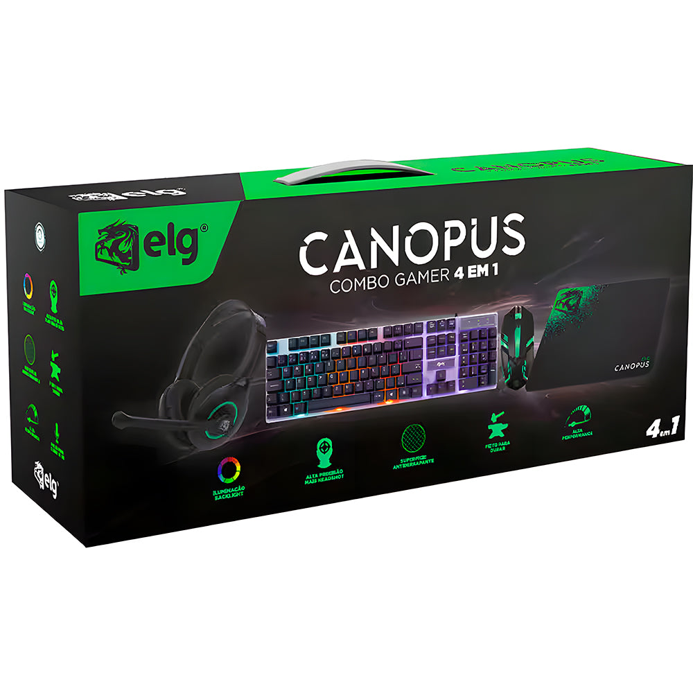 Combo Gamer 4 em 1 Canopus Teclado ABNT 2, Mouse, Headset P3 e Mousepad, LED em 7 Cores, CGCS41, ELG