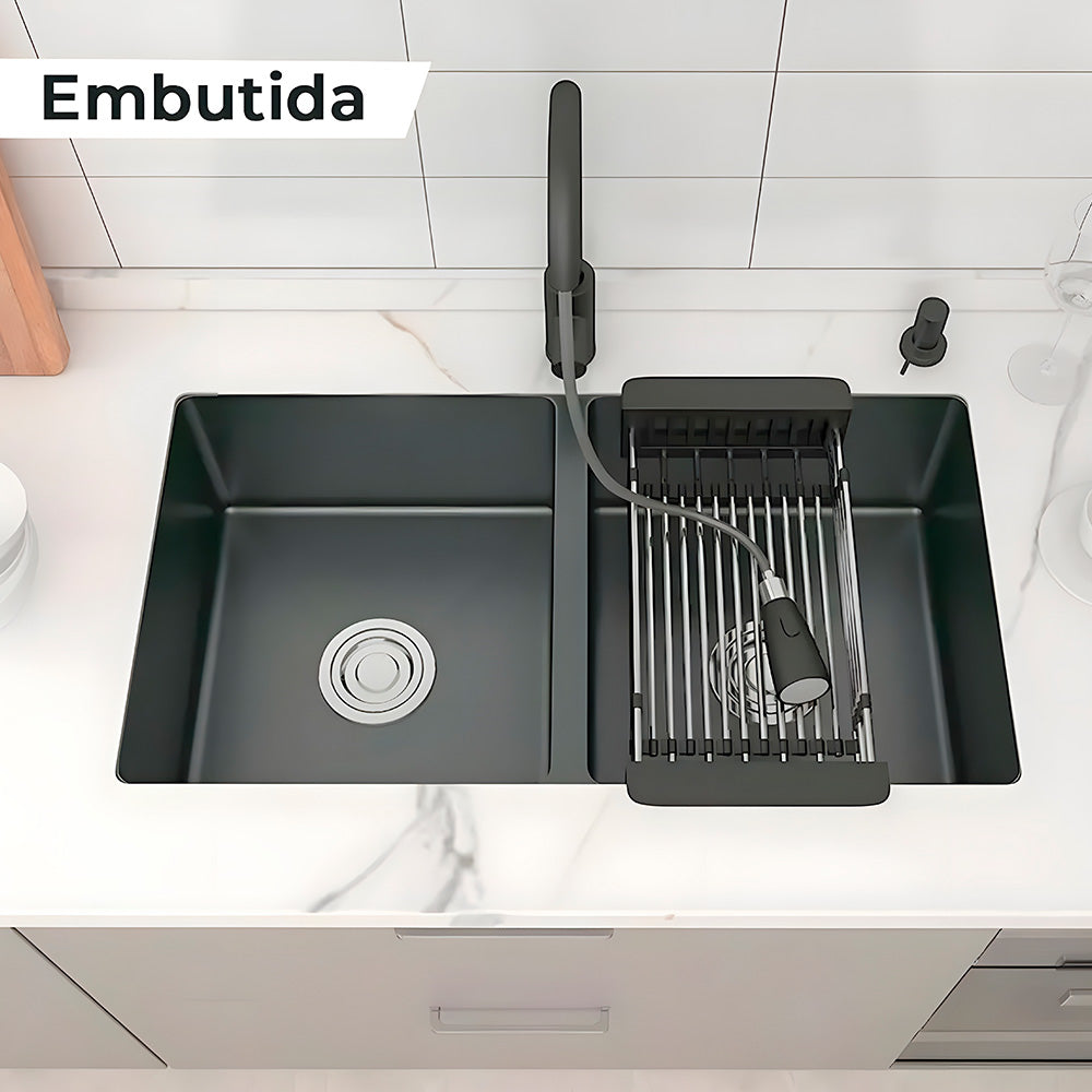 Cuba Pia Dupla Gourmet Preta Cozinha Aço Inox Com Acessórios