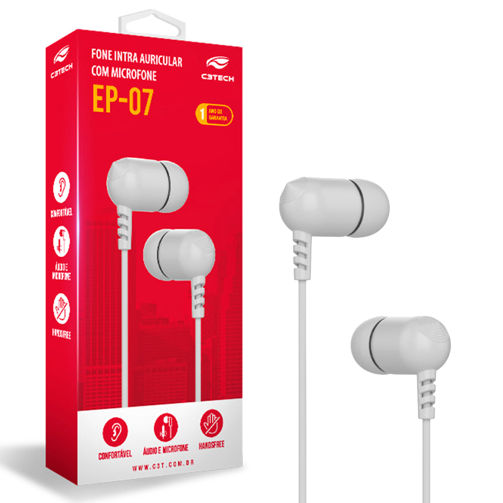 Fone de Ouvido Intra Auricular, Microfone Integrado, EP-07WH, Branco, C3Tech, S/Sn