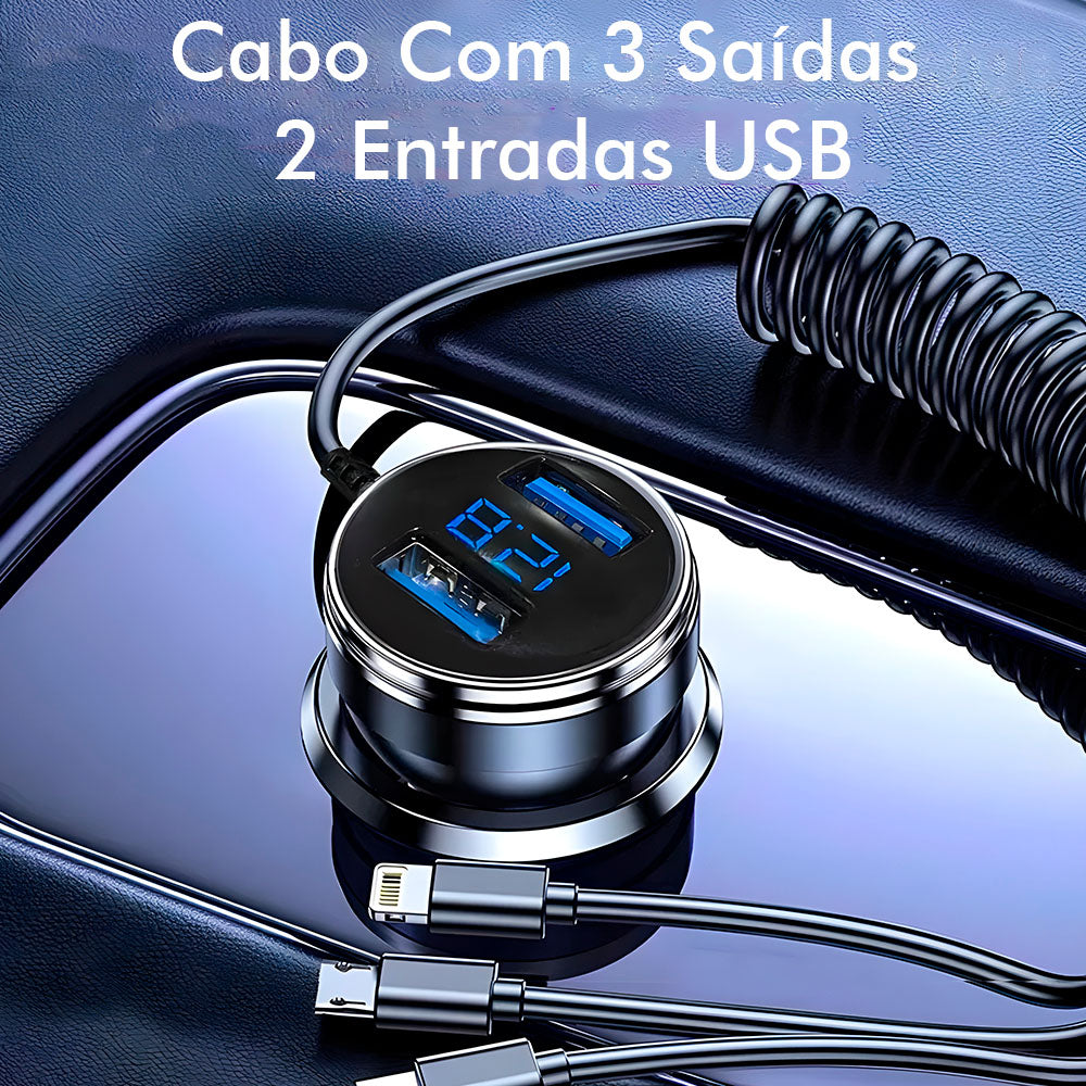 Carregador Veicular Com Duas Portas USB 3.1A e Cabo Com 3 Conectores, 15W, Display Digital - Preto