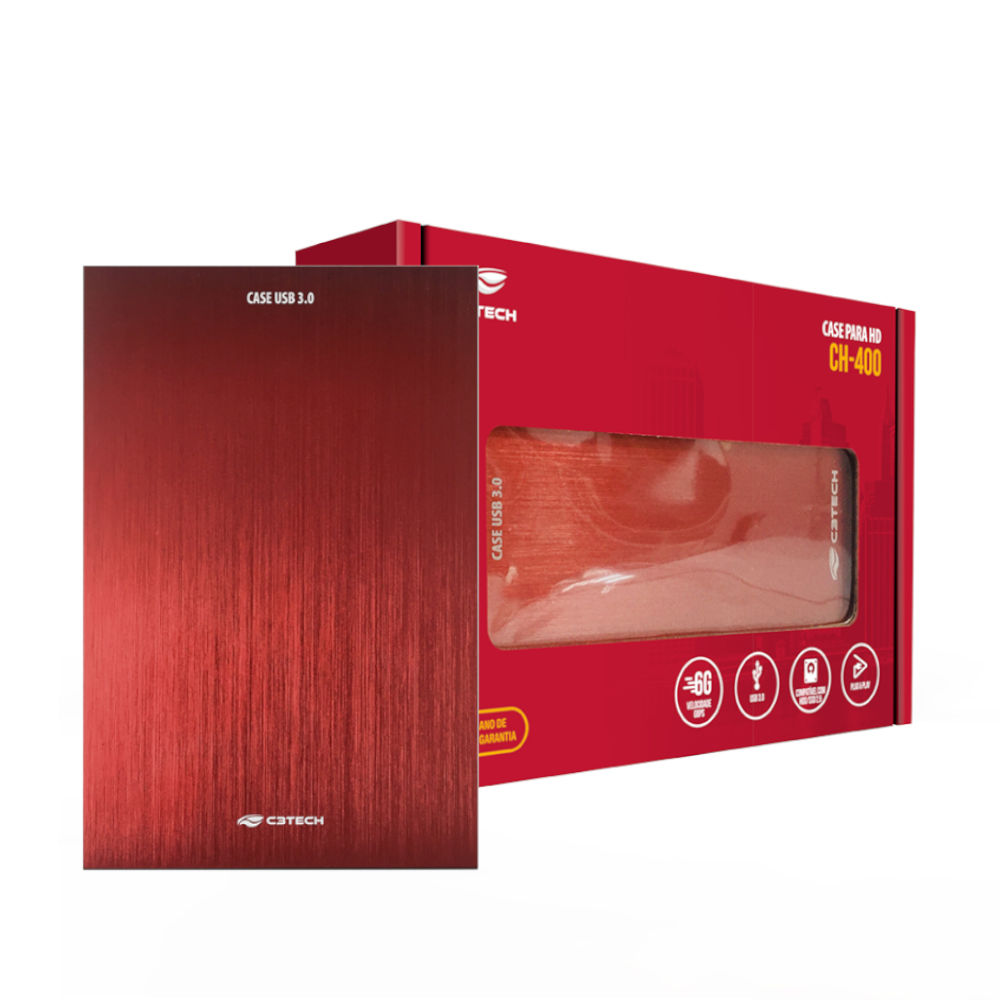 Gaveta para HD Externo 2,5" SATA USB 3.0 (até 6Gbps) CH-400RD, Compatível HD/SSD Até 6TB 7mm, C3Tech - Vermelho