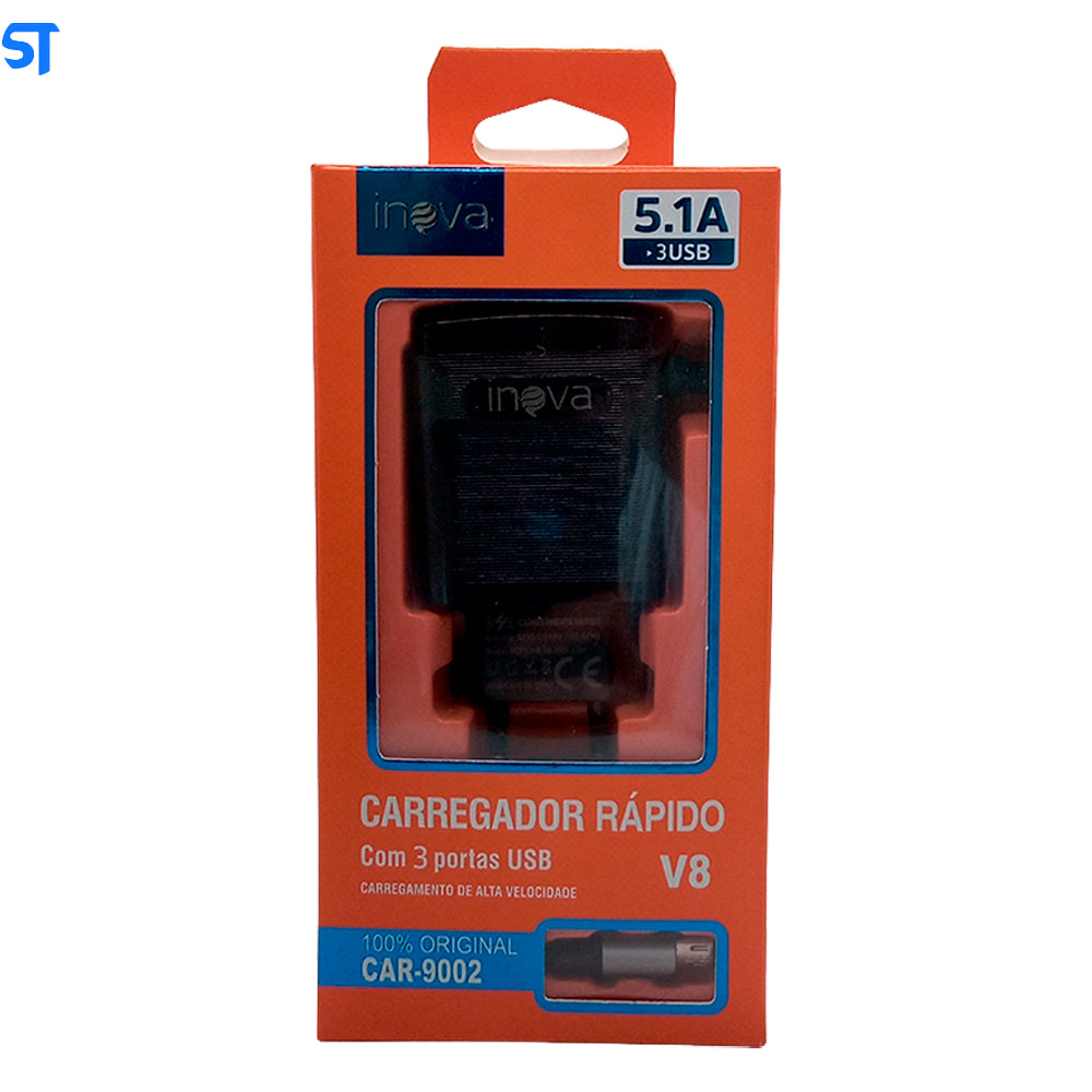 Carregador Rápido V8 Com 3 Portas USB 5.1A Com Carregamento de Alta Velocidade Inova Preto - CAR-9002