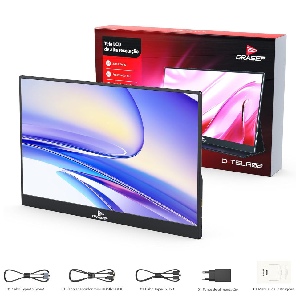 Monitor Portátil Grasep 15,6" Full HD IPS HDR10 USB-C HDMI Leve Versátil Para Trabalho Estudos E Jogos