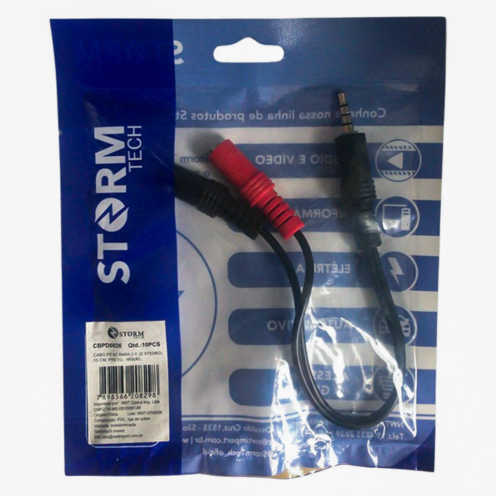 Cabo Adaptador Y, P2 ( 4C ) Macho, Para 2 P2 Fêmea, Fone e Microfone, StormTech