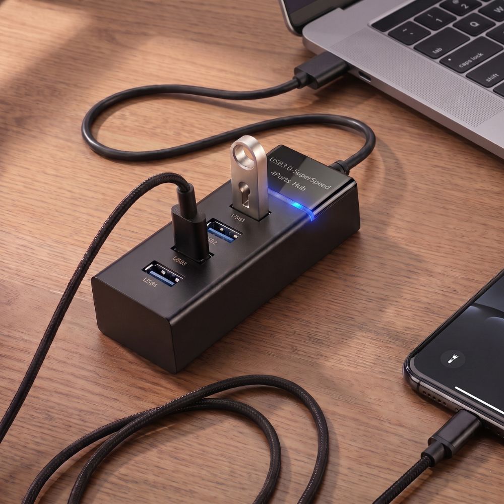 Cabo Extensor Hub Lukton USB 3.0 SuperSpeed 30Cm , 4 Portas Hub, Suporta Até 500GB - Preto