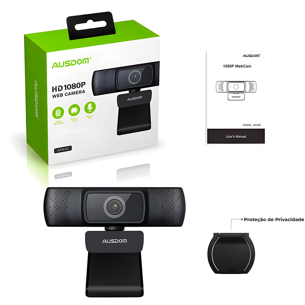 Webcam Full HD 1080P Ausdom, Foco Automático, Cancelamento De Ruído Microfone Câmera - AF640
