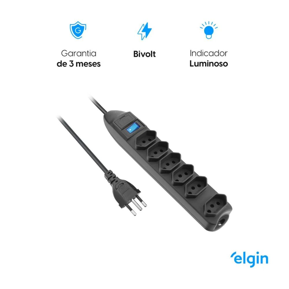 Protetor de Linha Elgin 6 Entradas 10A 2P + T, 110V/220V, Cabo 1,5 Metro, Preto (46RFL3060000)