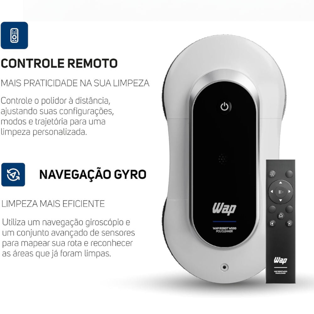 Aspirador Limpeza Polidor Vidros WAP Robot W500 Policleaner, Bivolt, Sucção 8kPa, Tanque 300ml, Escova Rotativa, LED