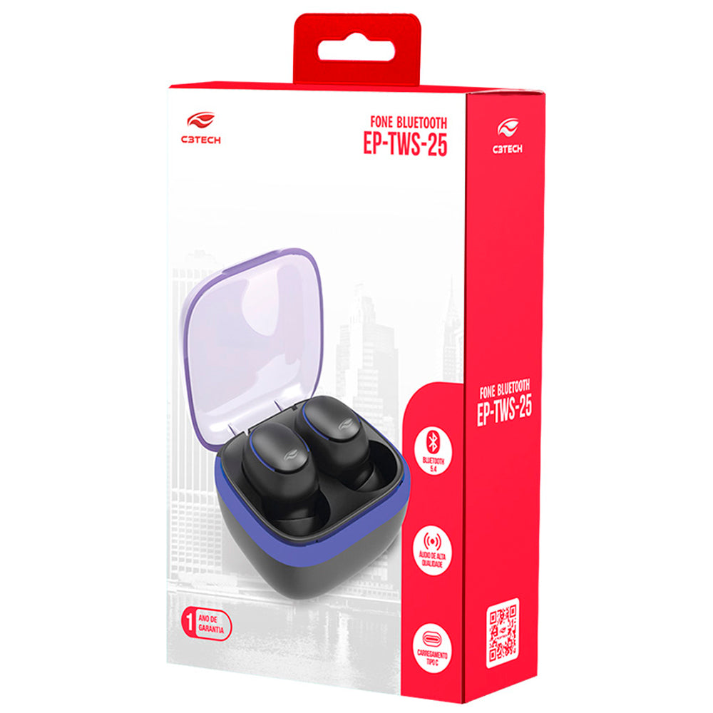 Fone de Ouvido C3Tech Sem Fio, In-Ear, Bluetooth 5.3, EP-TWS-25BK - Preto