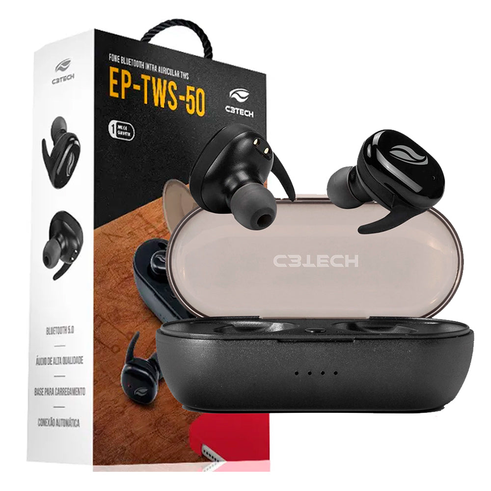 Fone de Ouvido Intra C3Tech EP-TWS-50BK - Bluetooth 5.0 True Wireless Intra-Auricular In-Ear Com microfone Preto