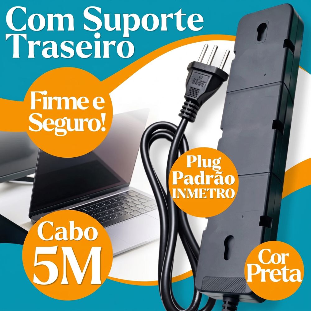 Filtro de Linha Régua Extensão Com 6 Tomadas 5 Metros, 10A Preto Bivolt Proteção Sobretensão