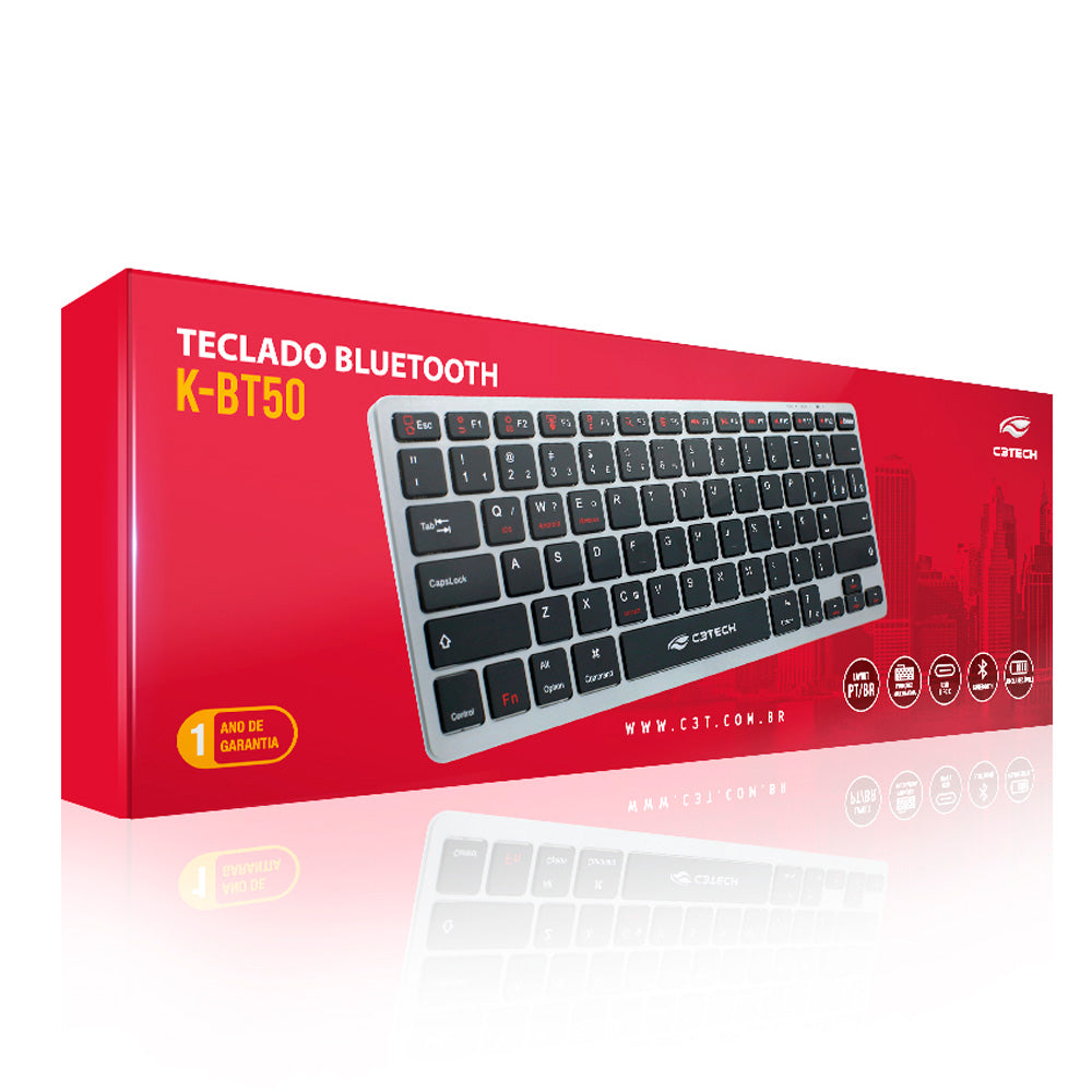 Teclado Bluetooth Multimídia K-BT50BK Recarregável Com Cabo USB-C, Sem Fio, Compacto - C3Tech