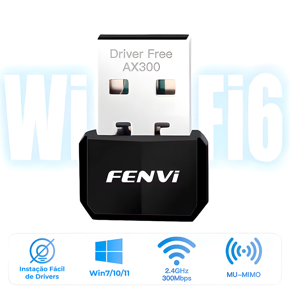 Adaptador Wi-Fi 2.4 Ghz, USB 2.0, 300Mbps, Padrão Wi-Fi 6, Fenvi - AX300