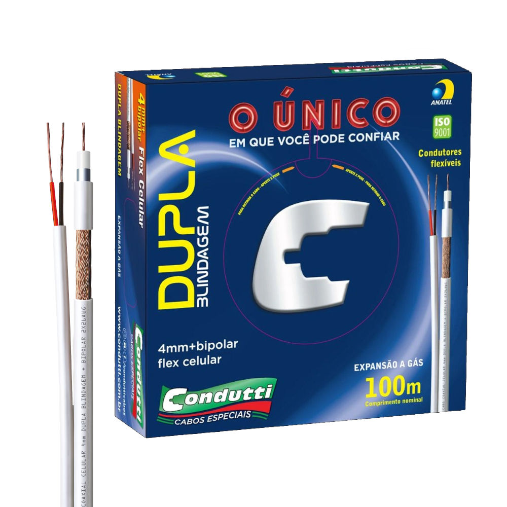 Caixa 100 Metros de Cabo Coaxial CFTV Condutti 4mm Dupla Blindagem, 750 Ohms, 2x26AWG, Anti-Chama, HIB RF4MMCEL - Branco