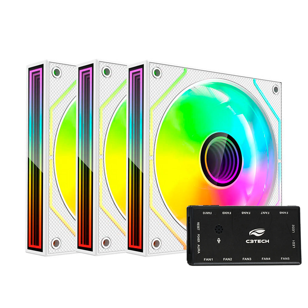 Kit 3 Fan e Controladora RGB, Cooler Fan Gaming F9-L650WHRGB C3Tech - Branco