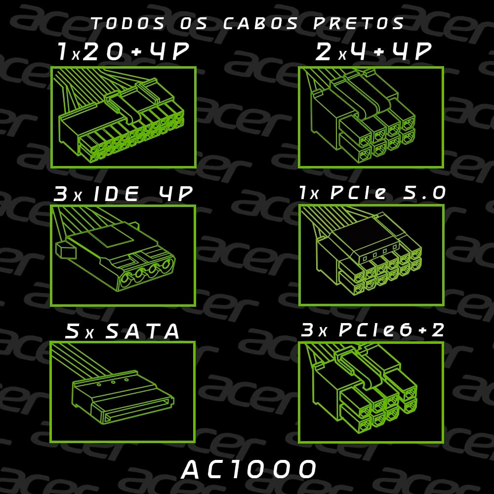 Fonte ATX Gamer 1000W Real, 80 Plus Gold, Full Modular, PFC Ativo, Acer AC1000