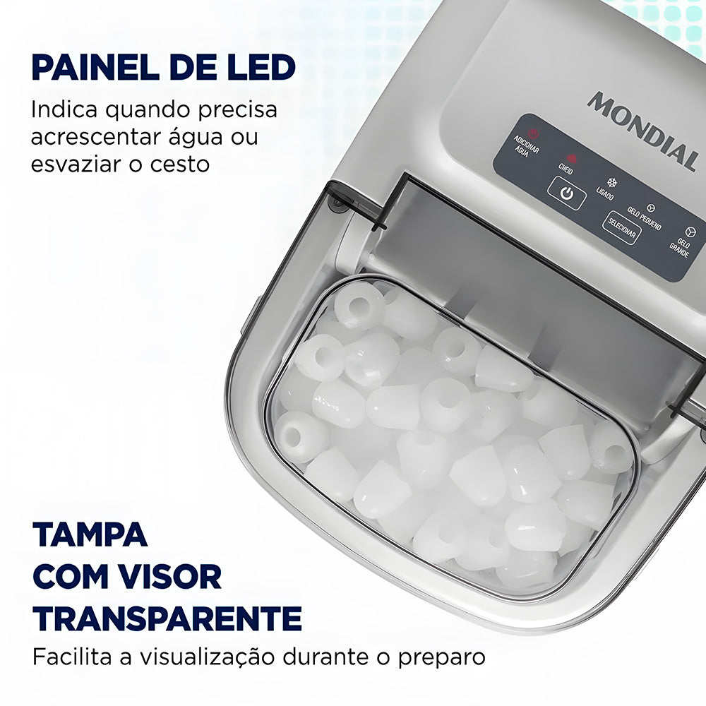Máquina de Gelo Turbo, Ice Premium, Mondial, 12KG, Reservatório 1,3L, Cinza, 220V, MG-12-GI