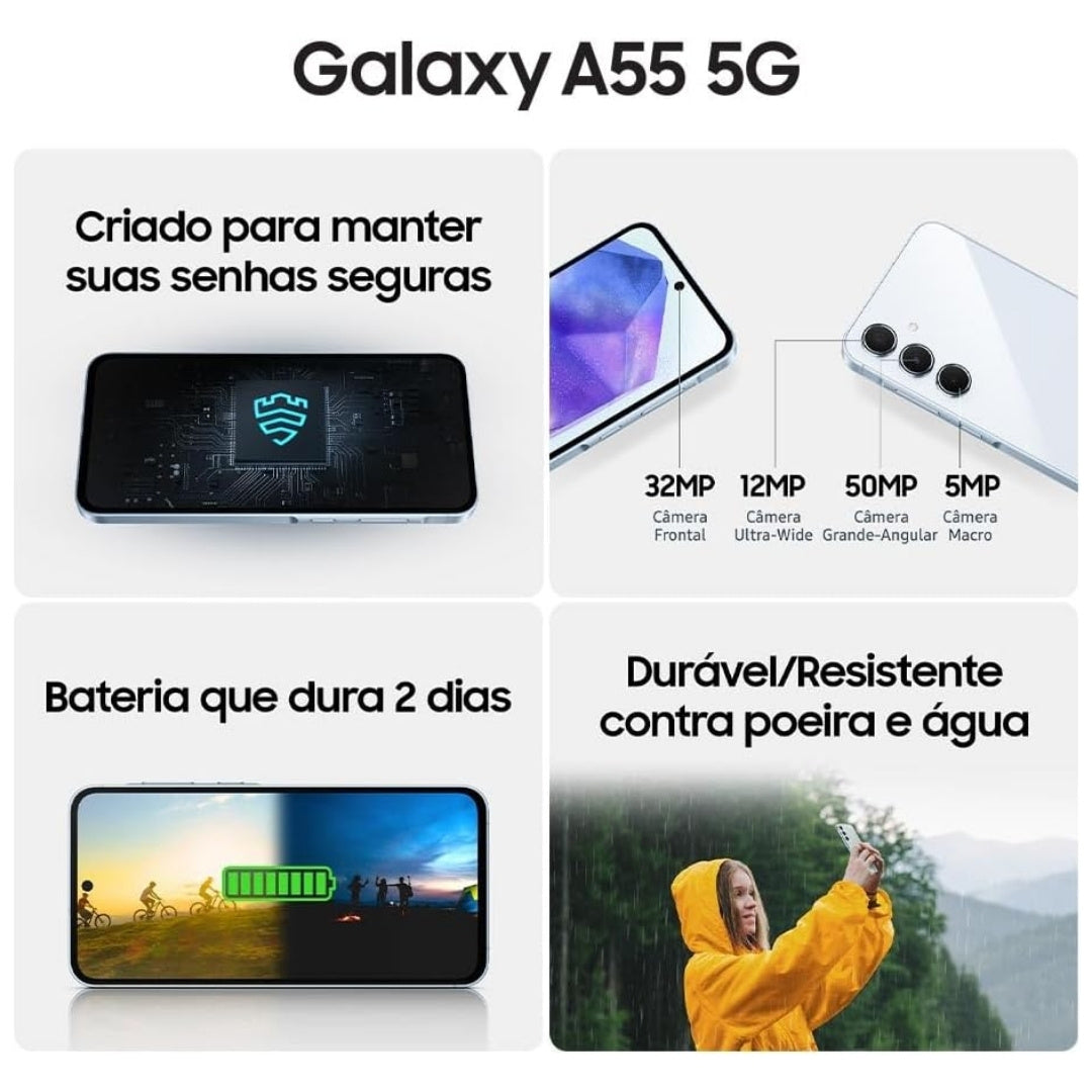 Smartphone Samsung Galaxy A55 5G 128GB Azul Claro, 8GB RAM, Câmera Tripla, Traseira 50MP, Selfie 32MP, Super AMOLED 6.6"