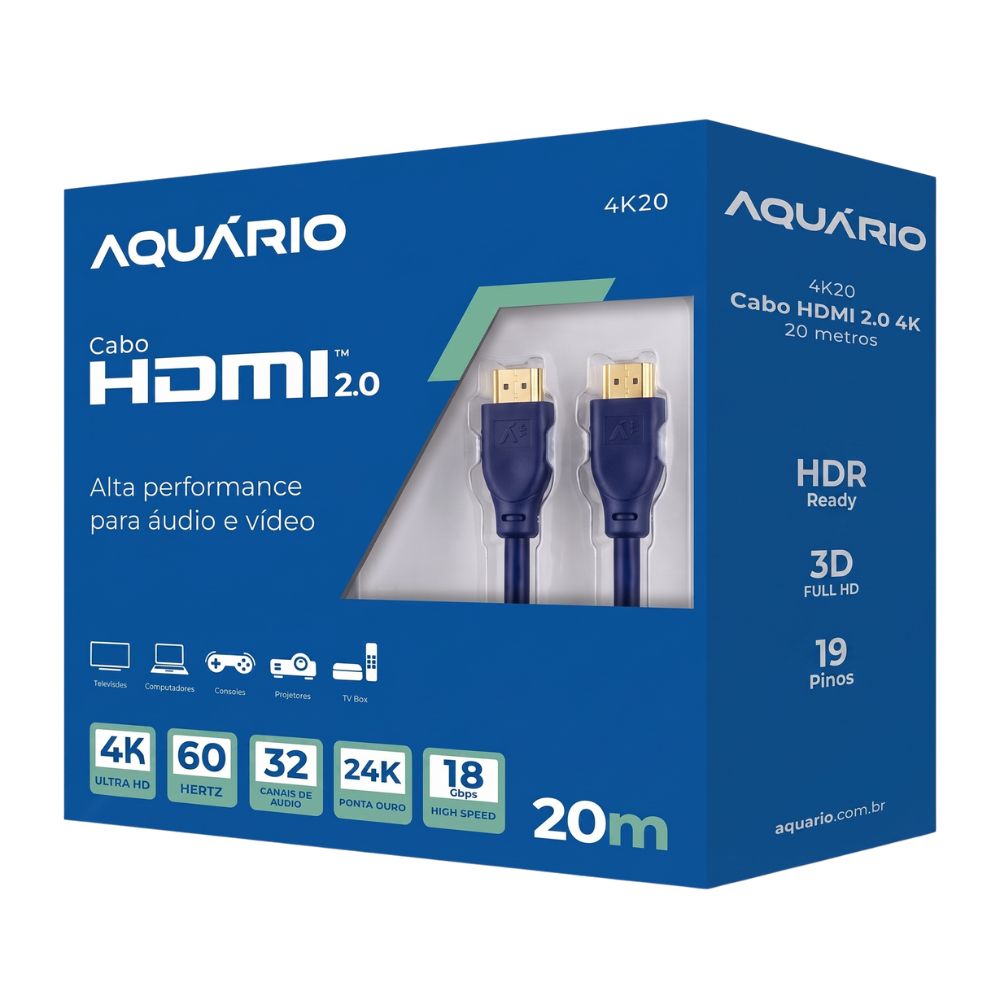 Cabo HDMi 20 Metros Aquario 2.0 4K 3D 19 Pinos 20 Metros - 4K20 - AQUÁRIO
