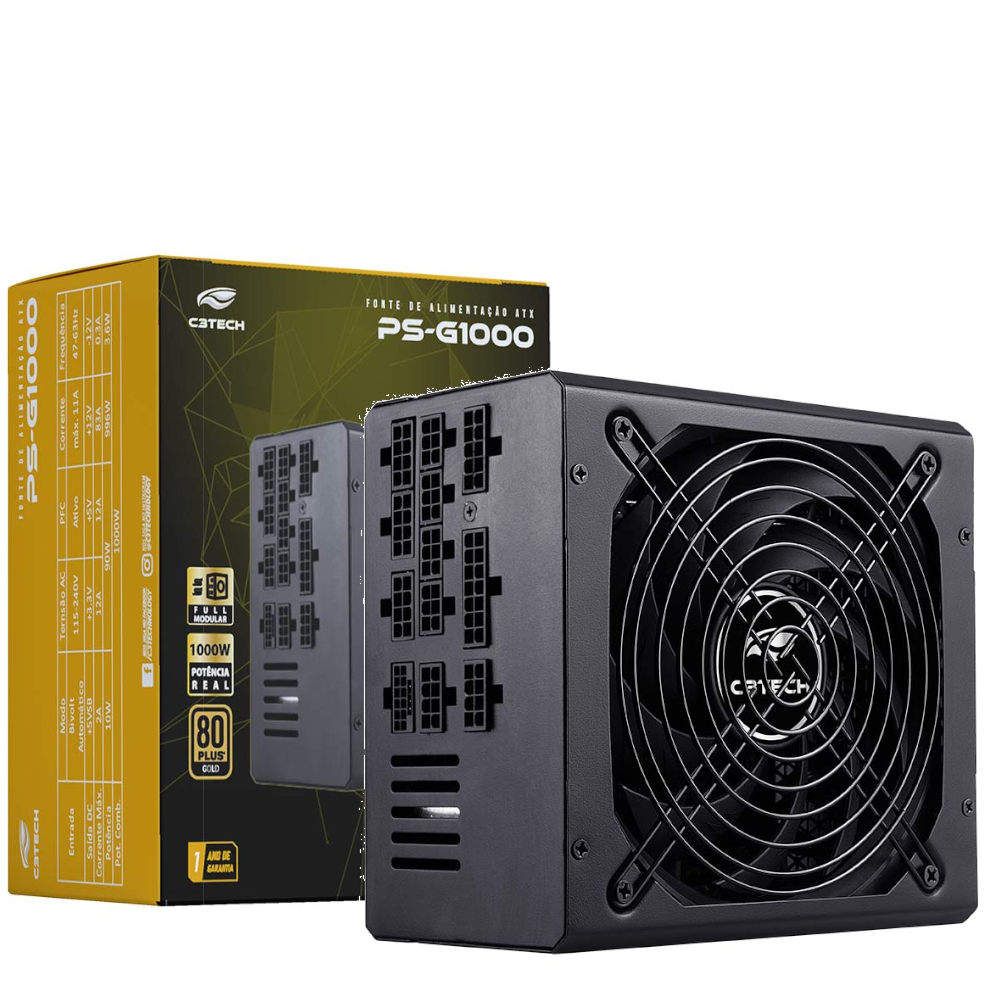 Fonte ATX 1000W C3Tech PS-G1000, 80PLUS Gold, Full Modular, PFC Ativo, Bivolt Automático