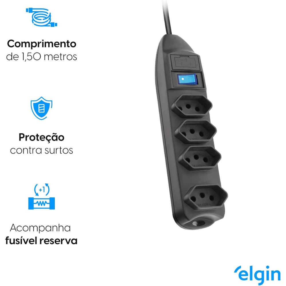 Protetor de Linha Elgin 4 Entradas 10A 2P + T, 110V/220V, Cabo 1,5 Metro, Preto (46RFL3040000)