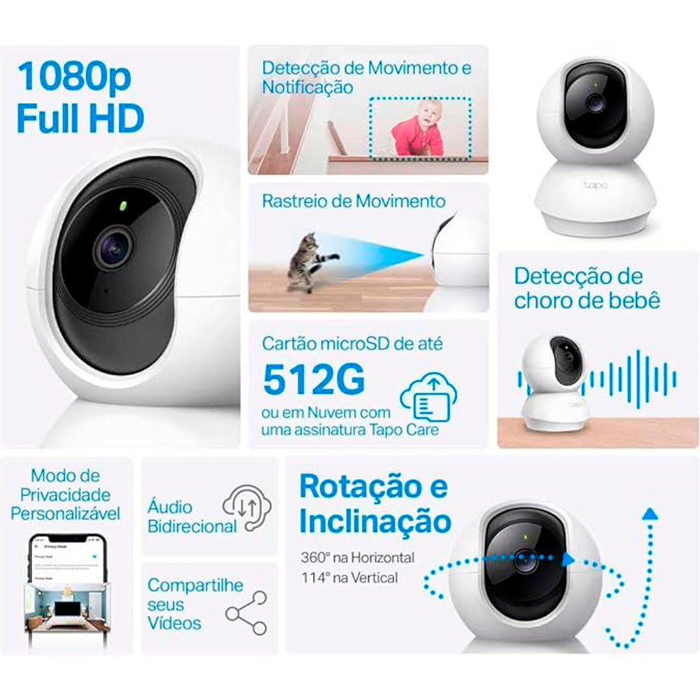 Câmera De Segurança Tp-Link Tapo C200 Wi-Fi Interna 360º 1080p Full HD Bivolt