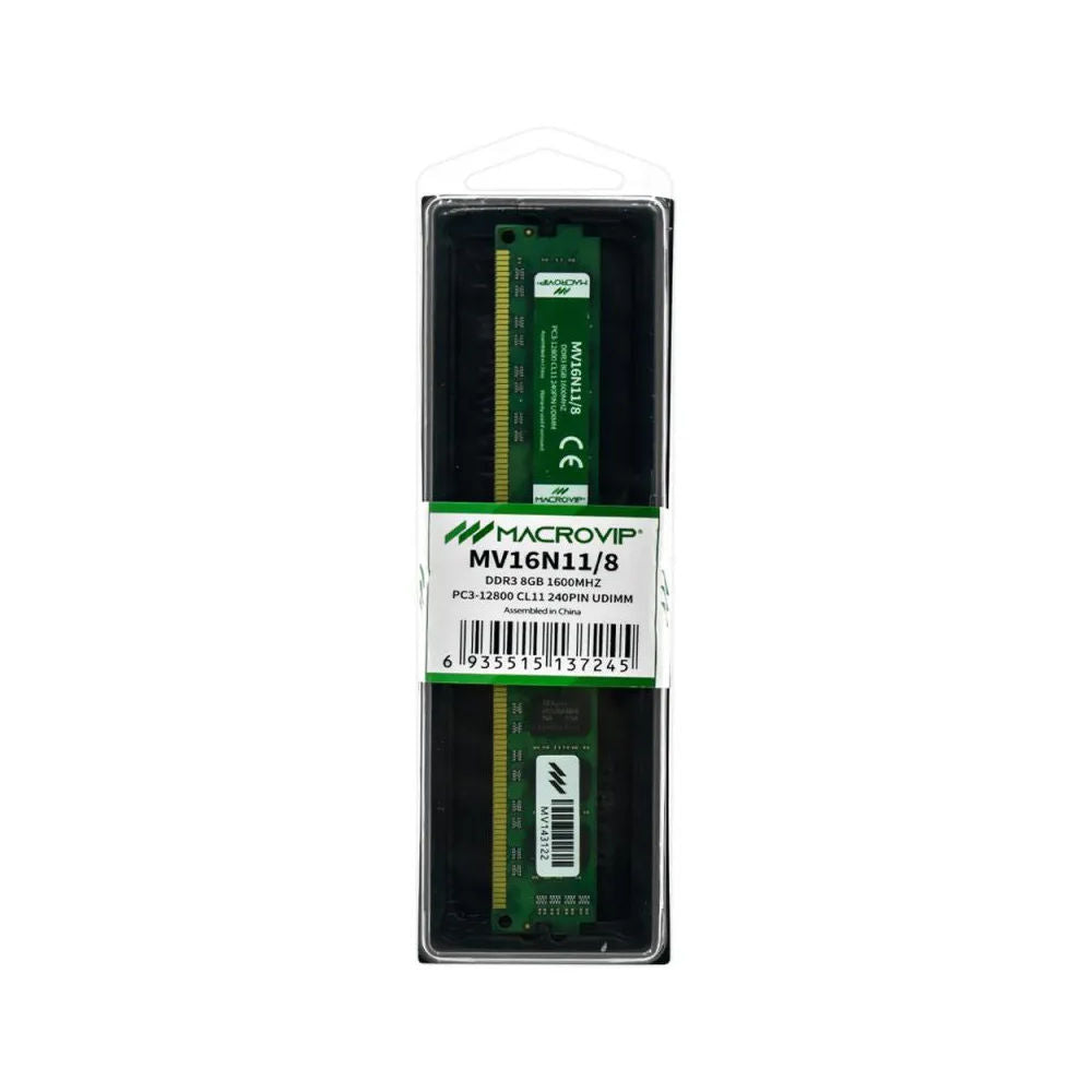 Memória RAM Desktop Macrovip 8GB 1600MHz DDR3 CL11, 1.5V, 240 pinos UDIMM MV16N11/8
