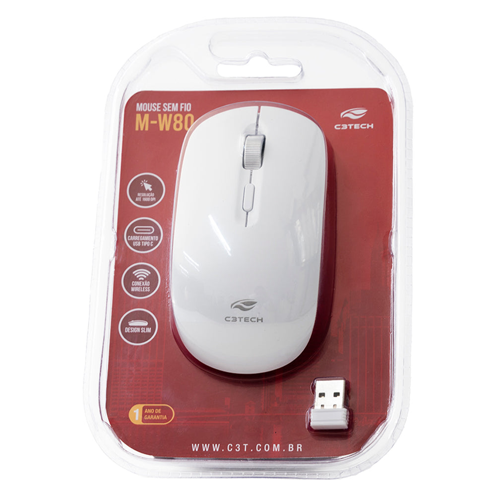Mouse Sem Fio Recarregável M-W80WH C3Tech, Branco