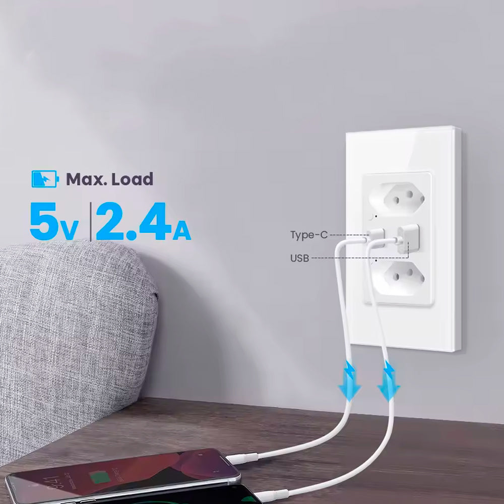 Tomada Dupla Inteligente, Zigbee, 3 Pinos, Uma Entrada USB e Uma USB-C, 16A, Compatível Com Alexa e Google Home, Branco