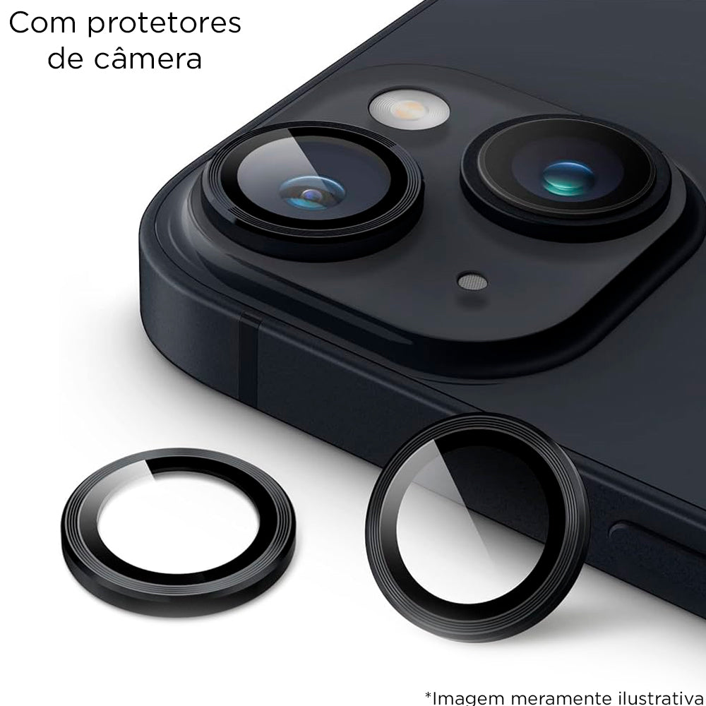 Capa Para iPhone 14, Transparente, Com Proteção de Câmera, Acabamento em Acrílico, Detalhes em Azul, BGM