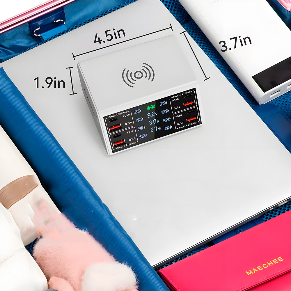 Estação de Carregamento 100W Com 4 Entradas USB e 4 Entradas USB-C - Suporte a Carga Sem Fio Asometech - Branco