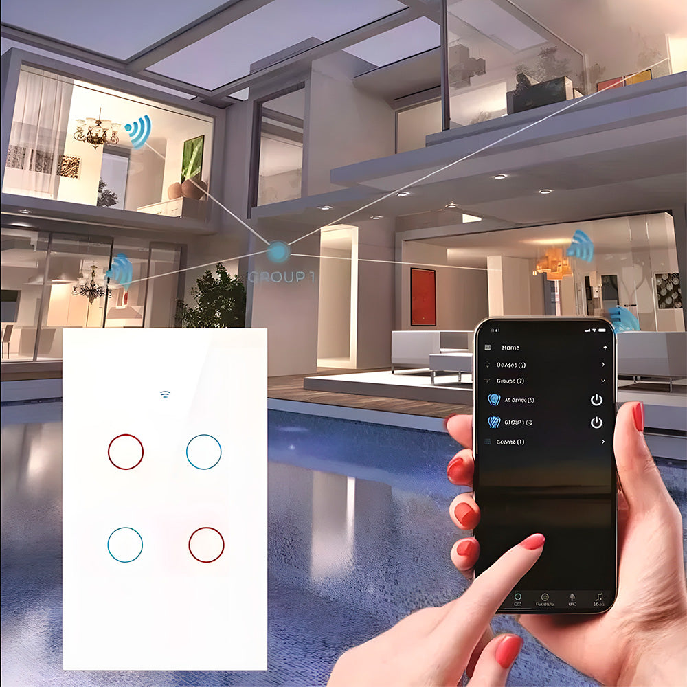 Interruptor De Parede Inteligente Com 4 Botões Touch, Compatível Com Alexa e Google Assistant, Tuya - Branco