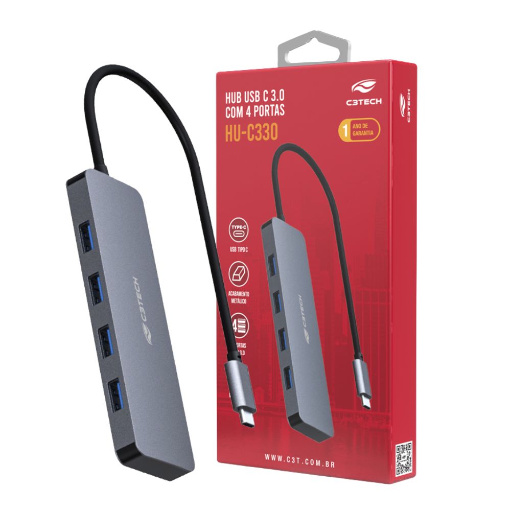Hub USB-C 3.0 4 Portas HU-C330GY C3Tech