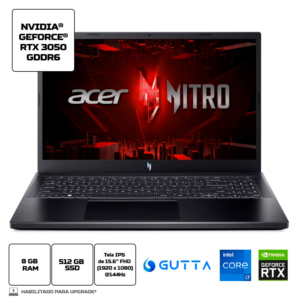 Notebook Gamer Acer Nitro V15 ANV15-51-7837, Core i7-13620H, 8GB RAM DDR5, 512GB SSD, Tela IPS 144Hz, RTX 3050, Linux