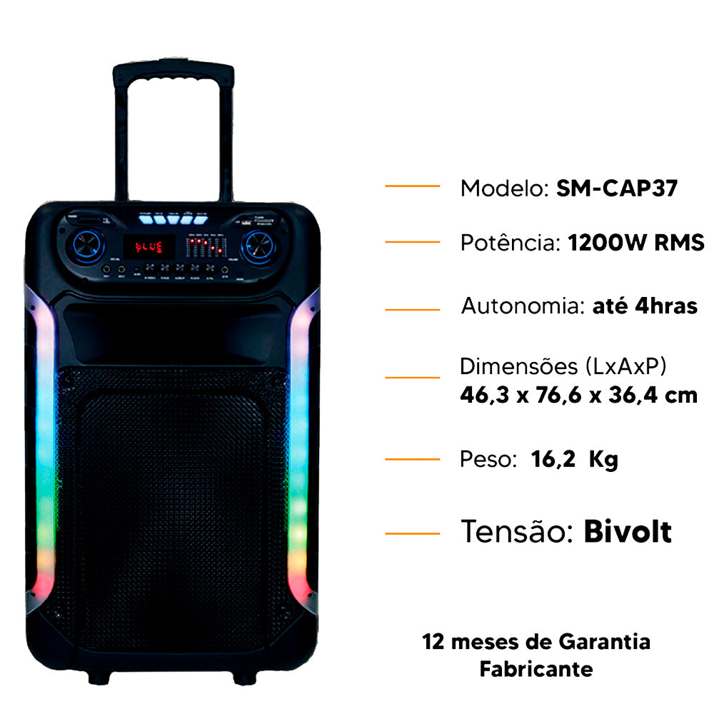 Caixa De Som Portátil 1200W RMS, Bluetooth, Função TWS, Sumay Power X Sm-CAP37, Bivolt