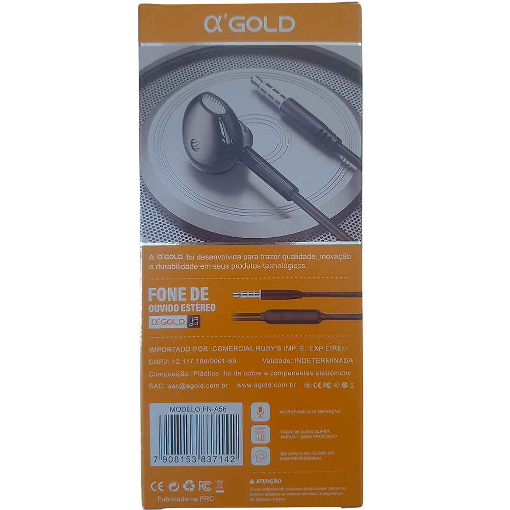 Fone De Ouvido Stereo, Super Bass, Fio 1.2 Metros, A'Gold - FN-A56 Preto