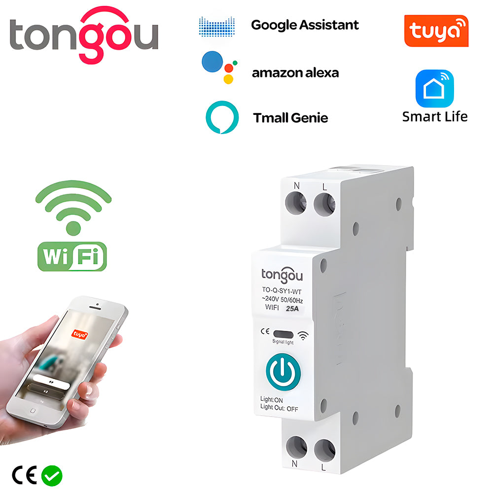Disjuntor Inteligente Wi-Fi 25A, Compatível Com Google Assistant e Alexa, Tongou, S/ Medição, Branco