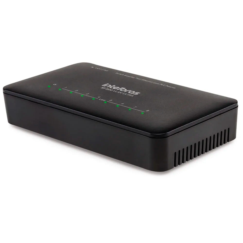 Switch Intelbras 8 Portas Fast Ethernet Poe Passivo 12-24V Com VLAN Fixa 10/100 Mbps -SF 800 VLAN Ultra- Anti Surto