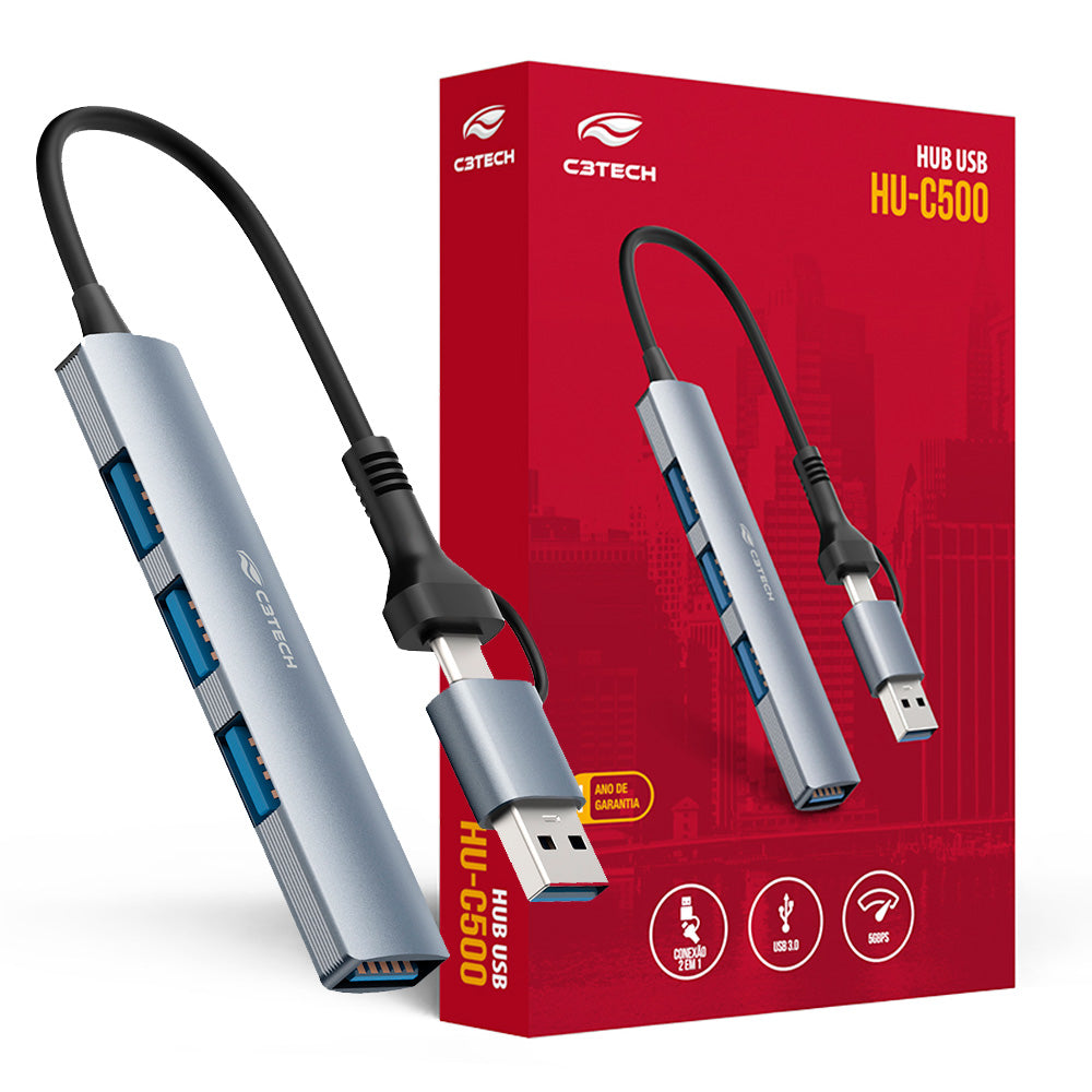 HUB USB 3.0, Com 4 Portas USB, HU-C500GY, C3Tech, Cabo 15cm, Cinza