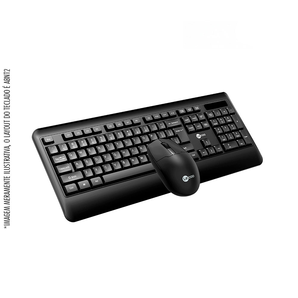 Kit Teclado Membrana, Padrão ABNT2 e Mouse Sem Fio 1.200 DPI Lecoo KW202 - Preto