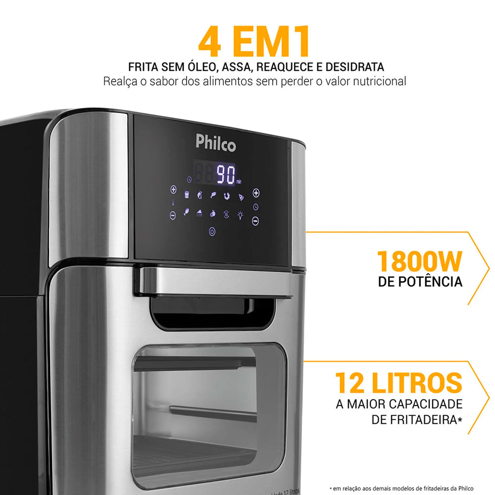 Air Fryer Oven 4 em 1 Philco 12 Litros 1800W PFR2200P 220V Preto/Prata