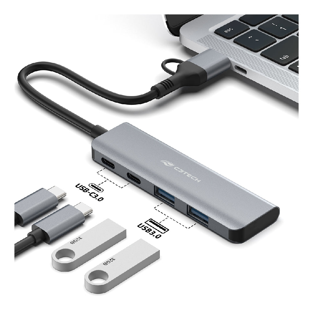 HUB USB com 4 Portas C3Tech HU-C600GY, Entrada USB-A e C Reversivel, 2 Portas USB-A e 2 Portas USB-C, Cinza